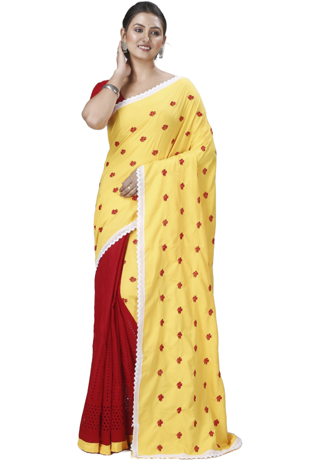 Yellow Red Pure Cotton LalPori Hand Loom Saree (1255)